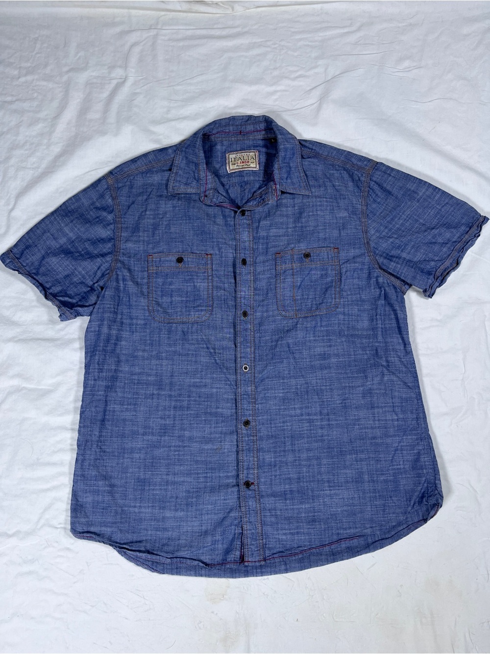 Vintage Italian Men's Short-Sleeve Button-Up Shirt - Blue Size Large